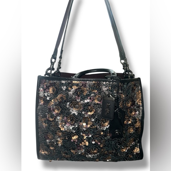 Coach 1941 Rogue 30 LEATHER Bag Satchel Shoulder Tea Rose Appliqué BLK Metallic - Picture 3 of 17